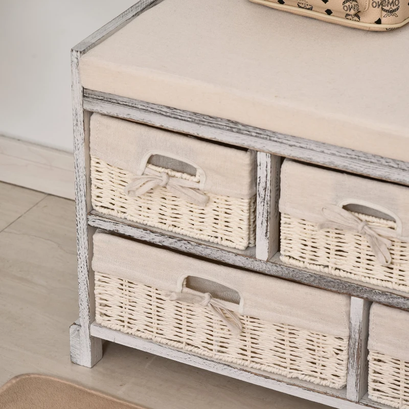 HOMCOM Wooden 5-Basket Drawer Shoe Bench Cream White