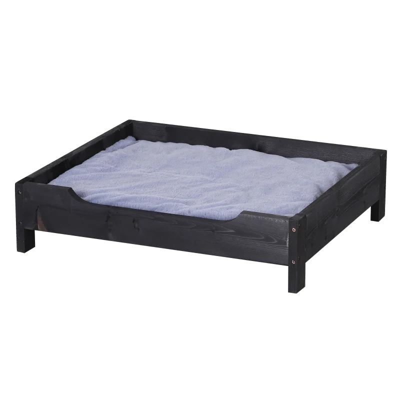 PawHut Wooden Elevated Dog Sofa Pet Bed Cat Kitten Lounger with Cushion Soft Comfortable Lightweight Black 62 x 54 x 15 cm
