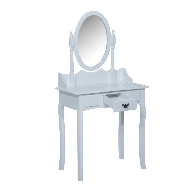 HOMCOM Wooden Dressing Table Vanity Set Makeup Shabby Chic Vintage Style Jewelry Cosmetic Storage Drawer Padded Seat w/Mirror & Stool (White)