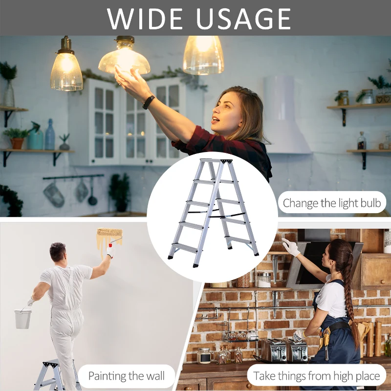 HOMCOM Aluminium Double Sided Step Ladder Folding A-type Household Stepper (5 Steps)