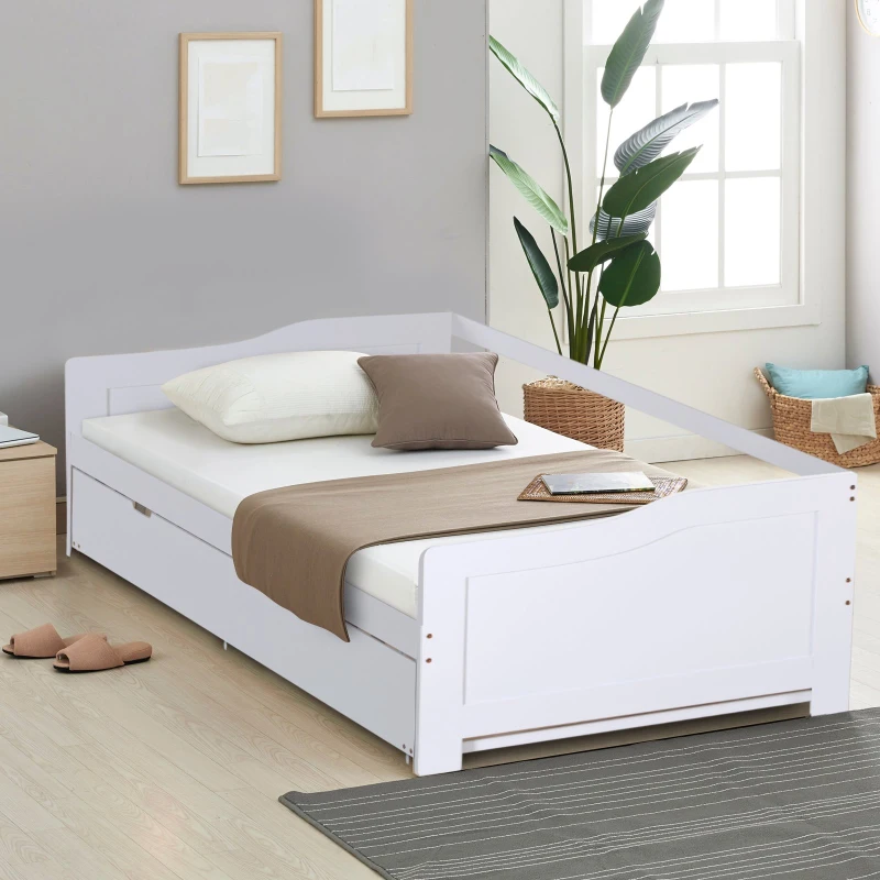 HOMCOM Single Trundle Bed in Double Layer Frame w/ Underbed Storage Drawer White