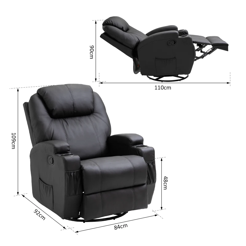 HOMCOM Luxury Leather Recliner Sofa Chair Armchair Cinema Massage Chair Swivel Heated Nursing Gaming Chair Black