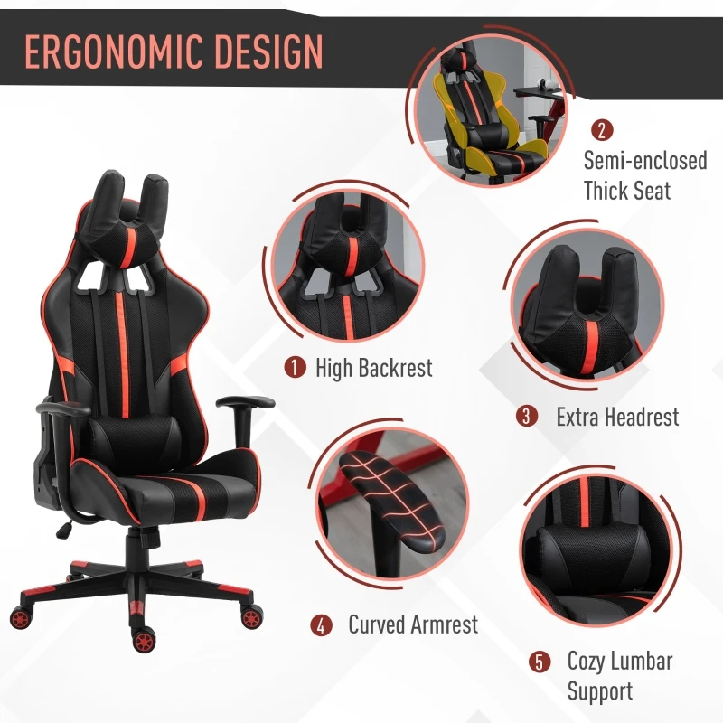 Vinsetto Racing Gaming Chair Adjustable Height W/ Headrest and Lumbar Support - Red/Black