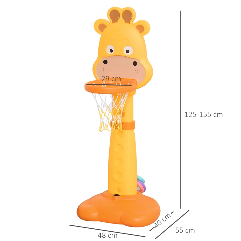 HOMCOM Kids Basketball Hoop and Stand Children Giraffe Ring Toss Play Set w/ Ball Hoops Pump Sucker-ball Adjustable Height from 125 cm to 155 cm