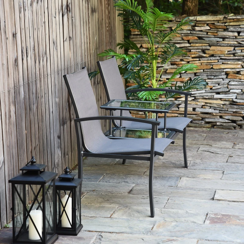 Outsunny Aluminum Texteline 2 Person Bench W/Table-Grey