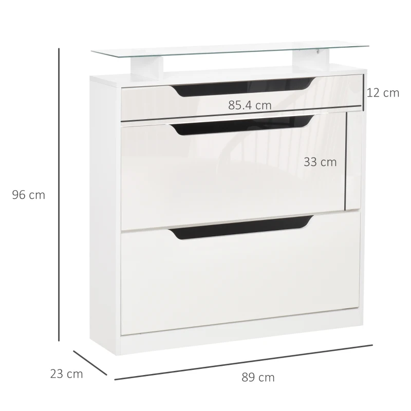 HOMCOM Shoe Storage Cabinet, Shoe Cupboard with Slide Out Drawer, 2 Flip Doors, Tempered Glass Top and Adjustable Shelves for 16 Pairs of Shoes, White