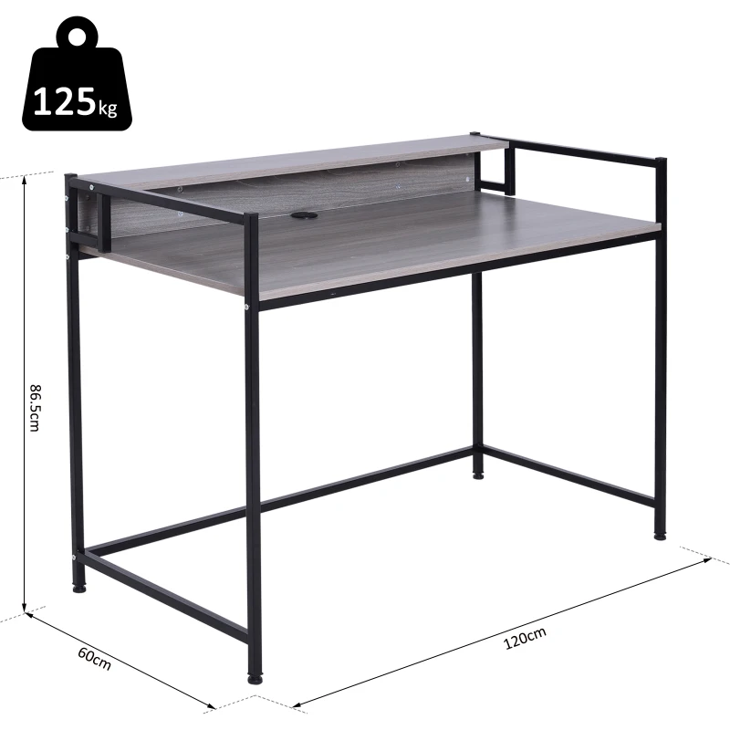 HOMCOM Computer Writing Desk Wood Top Metal Frame PC Laptop Study Table W/ Rasied Shelf Rack Workstation Home Office Grey Oak