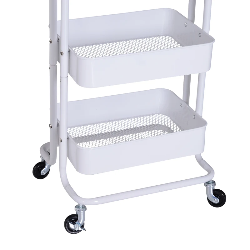 HOMCOM Metal 4-Tier Mobile Storage Serving Trolly Rolling Utility Cart Organiser Kitchen Mesh Bottom White