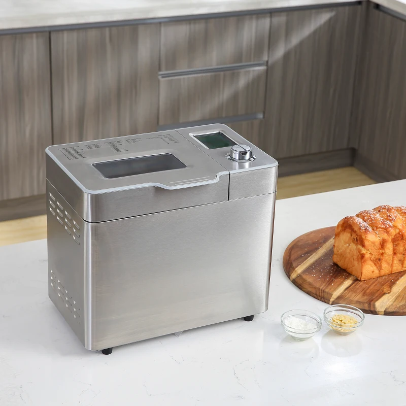 HOMCOM 25 in 1 Bread Maker Machine 0.9 KG Capacity Programmable Stainless Steel Dough Maker with Auto Fruit Nut Dispenser Nonstick Pan 3 Loaf Sizes 3 Crust Colours Keep Warm Time Delay, 550W