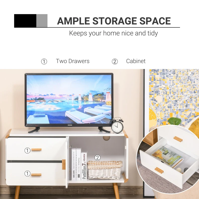HOMCOM Modern TV Stand for TVs up to 45'' Flat Screen, TV Console Cabinet with Drawers and Cupboard, Cable Hole, Home Entertainment Center, Living Room Bedroom and Office, White