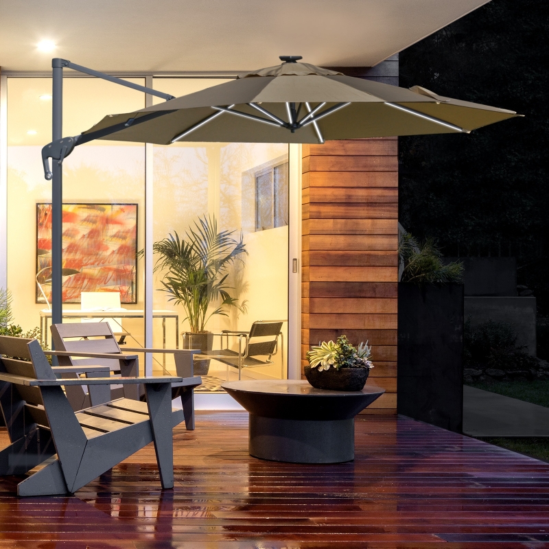 Outsunny 3m Led Cantilever Parasol Adjustable Garden Umbrella W Base Handle Solar Lights Rotating Outdoor Pool Lawn Night Summer Furniture Khaki Aosom Uk Outsunny 3m Led Cantilever Parasol, Solar Lights For Garden Umbrella