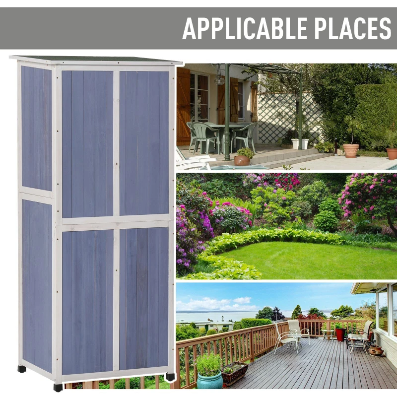 Outsunny Outdoor Garden Shed Wooden Garden Cabinet 3-Tier Double-door Storage Shed 2 Shelves Organizer with Handle Hooks Magnetic Latch Foot Pad 77 x 58 x 175cm Blue