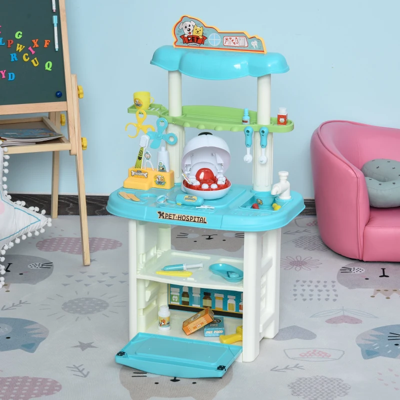 HOMCOM 43 Pcs Kids Children Vet Dentist Hospital Playset w/ Lights Water Tap Plastic Teeth Accessories Medical Toy Centre Pet Doctor Kit