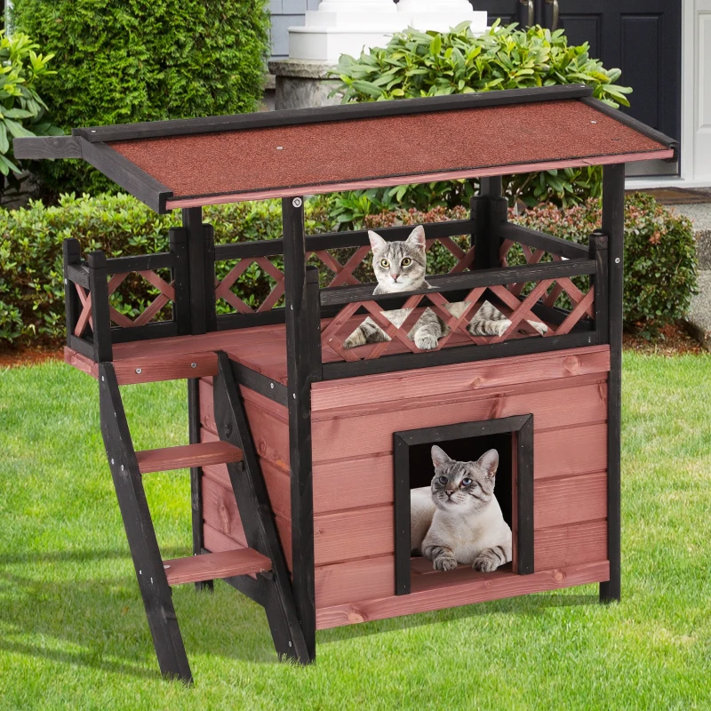 PawHut Wooden Cat House Outdoor Luxury Room Weatherproof Shelter with Balcony and Stair Puppy Garden Large Kennel Brown