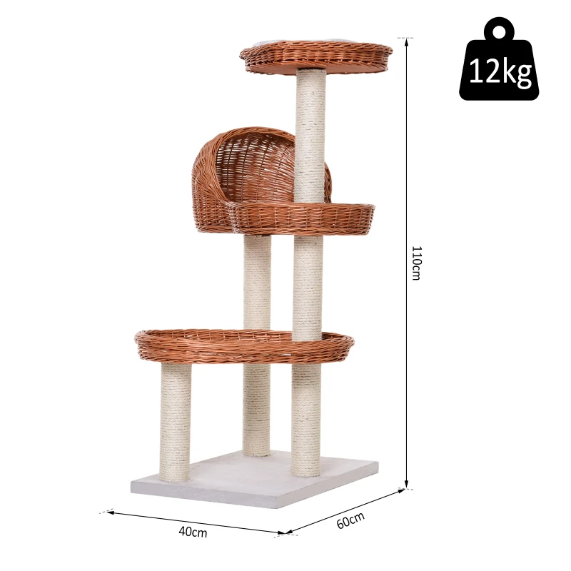 PawHut 4 Tier Cat Tree for Indoor Cats Activity Center Willow Platforms Kitty Scratcher Play Tower Toy Condo 110 cm