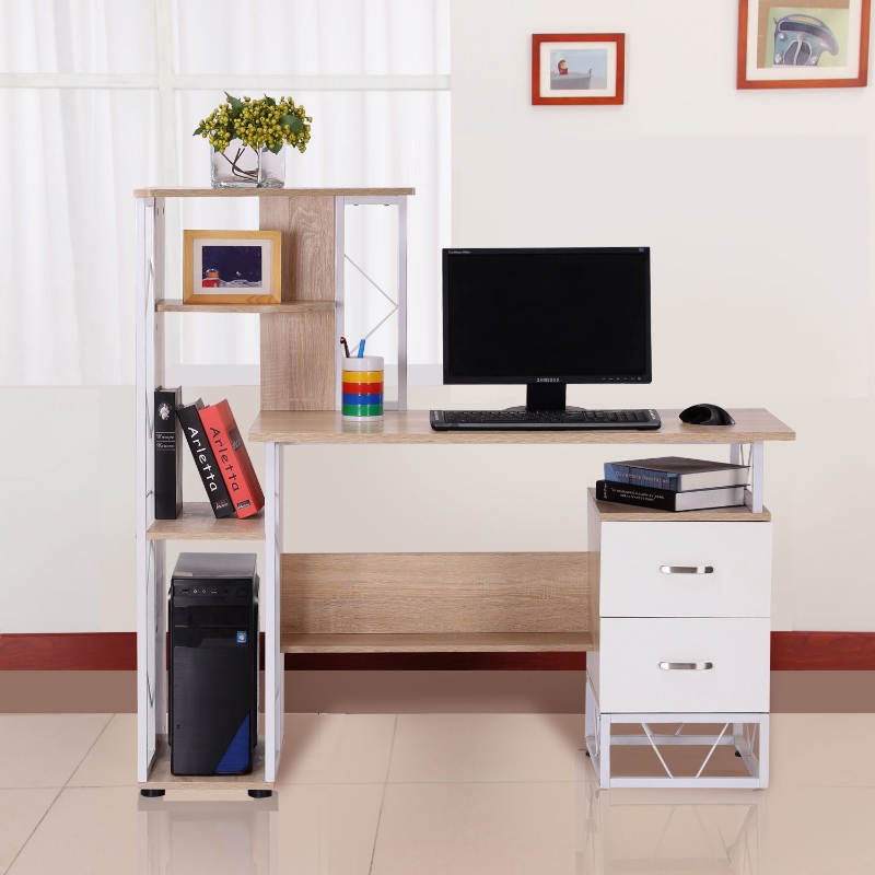 HOMCOM Computer Writing Desk PC Workstation w/2 Drawers Multi-Shelves Home Office Furniture - Oak/White