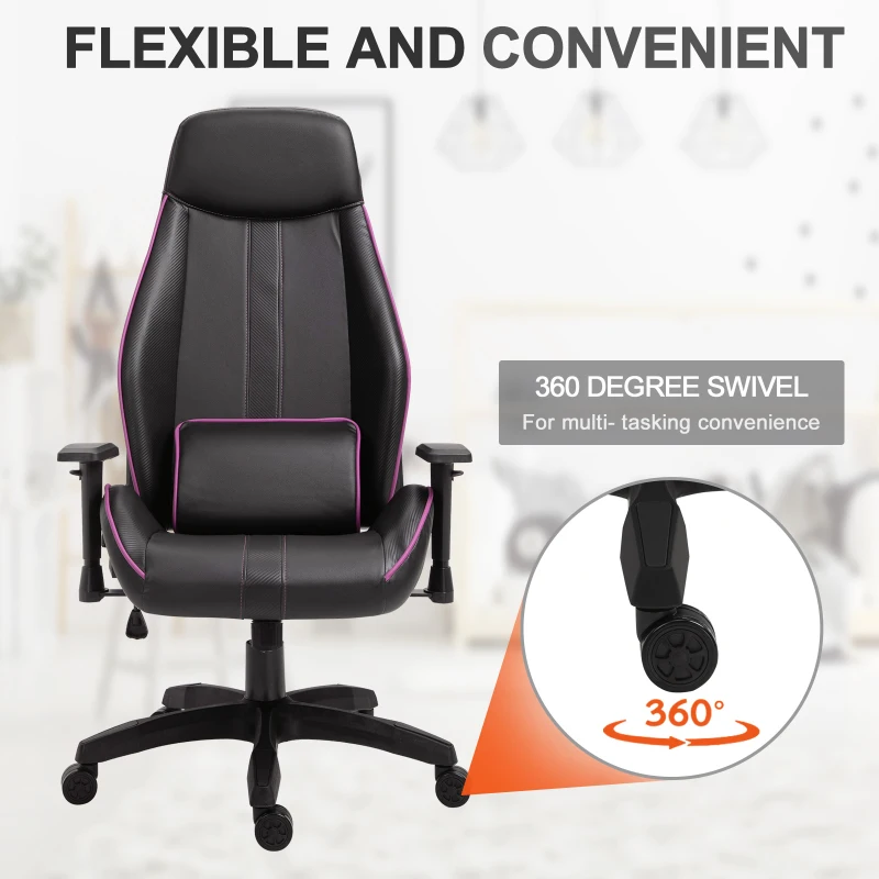 Vinsetto Racing Gaming Chair Adjustable Height Metal Frame w/ Wheels, Pillow Suitable For Home Office - Black&Purple