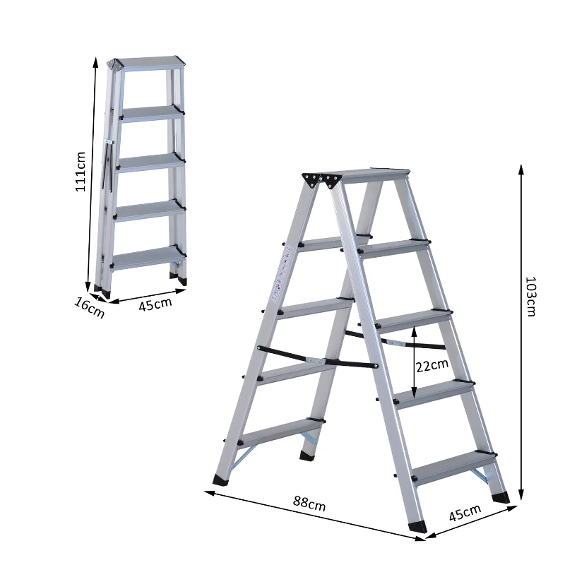 HOMCOM Aluminium Double Sided Step Ladder Folding A-type Household Stepper (5 Steps)