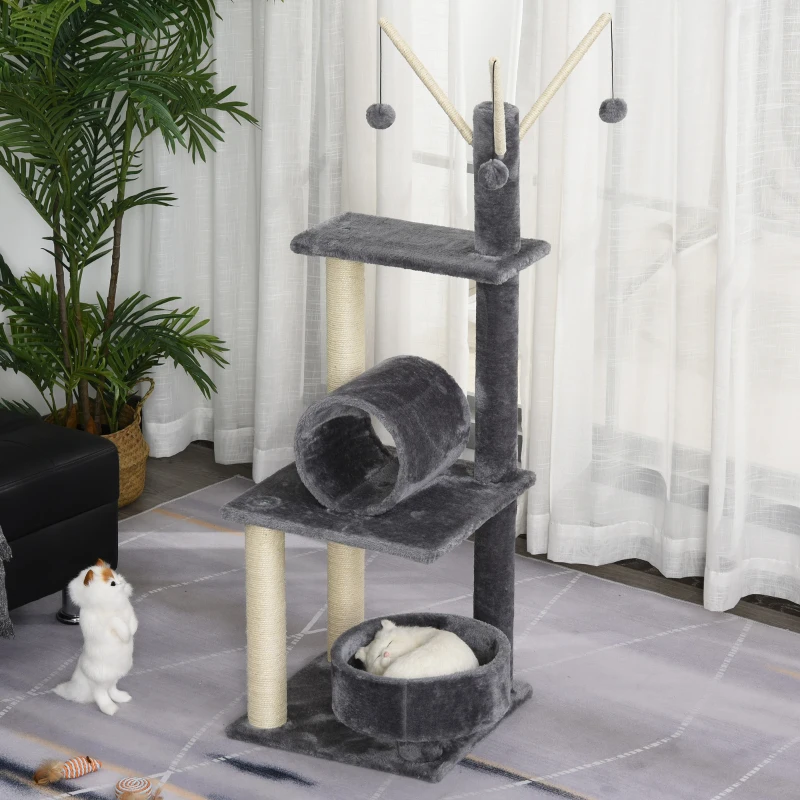 PawHut Cat Tree for Indoor Cats 121cm Kitten Tower Sisal Scratching Post Pet Activity Center Perch Condo Hanging Ball Grey