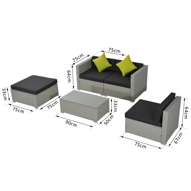 Outsunny 5 Piece Rattan Garden Furniture Set, Outdoor Corner Sofa with 67 cm Wide & Deep Seat, Sectional Outdoor Furniture Conversation Set with Cushions, Glass Top Coffee Table for Patio, Grey