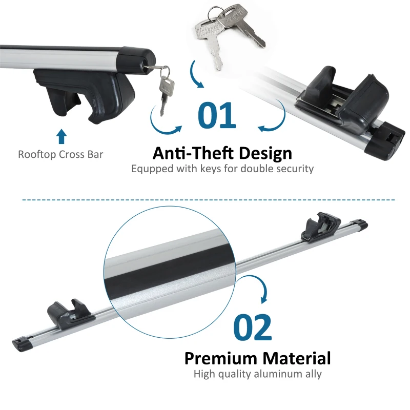 Outsunny 125Lx12.5Wx7H cm Cross Bar Roof Rail Rack-Silver