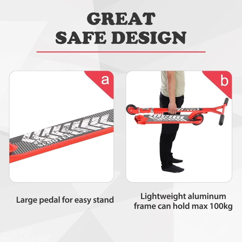 HOMCOM Outdoor Push Stunt Scooter 2 Wheels Fixed Bar 360° Street Commuter Street Push Scooter For Adult Teen Urban Scooter Red