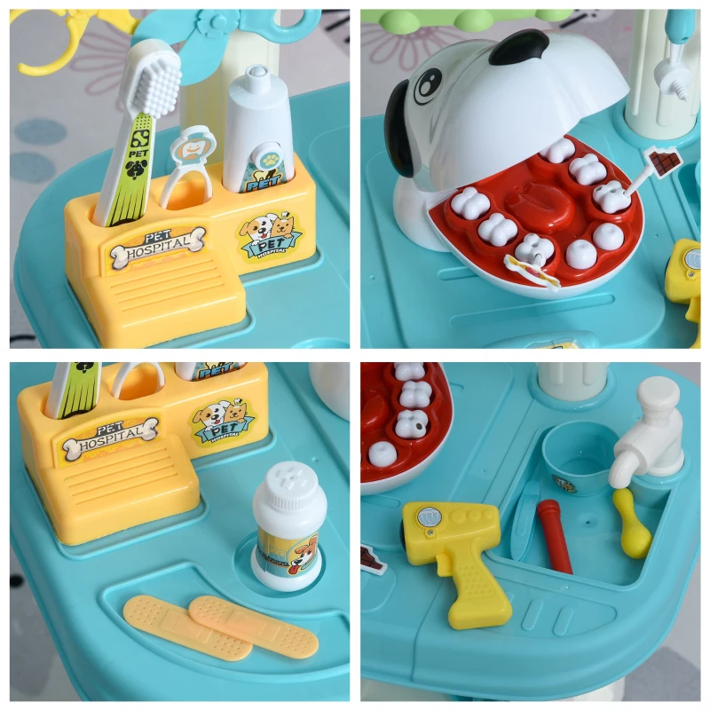 HOMCOM 43 Pcs Kids Children Vet Dentist Hospital Playset w/ Lights Water Tap Plastic Teeth Accessories Medical Toy Centre Pet Doctor Kit