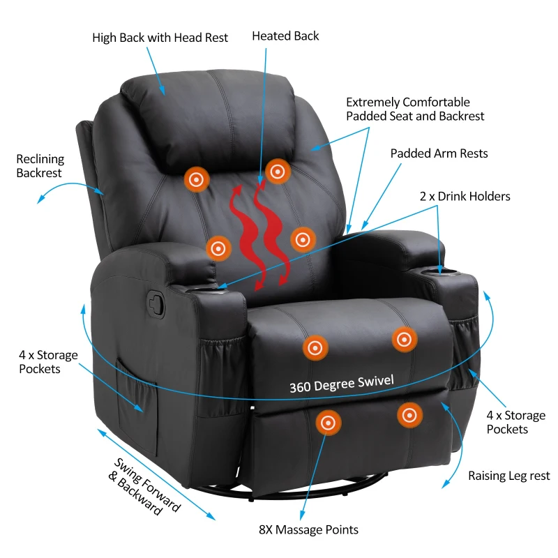 HOMCOM Luxury Leather Recliner Sofa Chair Armchair Cinema Massage Chair Swivel Heated Nursing Gaming Chair Black