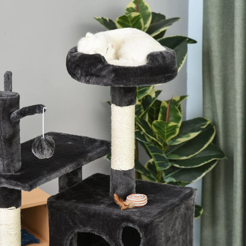 PawHut 155cm Plush Cat Tree for Indoor Cats Activity Center Sisal Scratching Post Basket Hammock Perch Condo Dark Grey