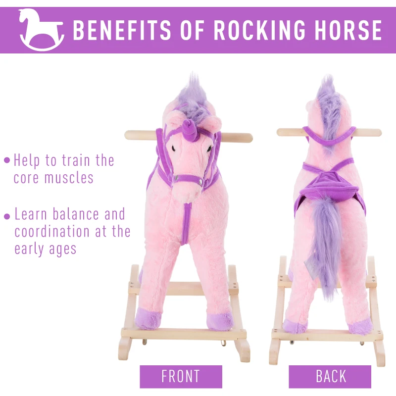 HOMCOM Kids Plush Rocking Horse Unicorn Neigh Button Wooden Base Ride On Toy Rocker with Handle Grip Traditional Toy Fun Gift for Age 3+