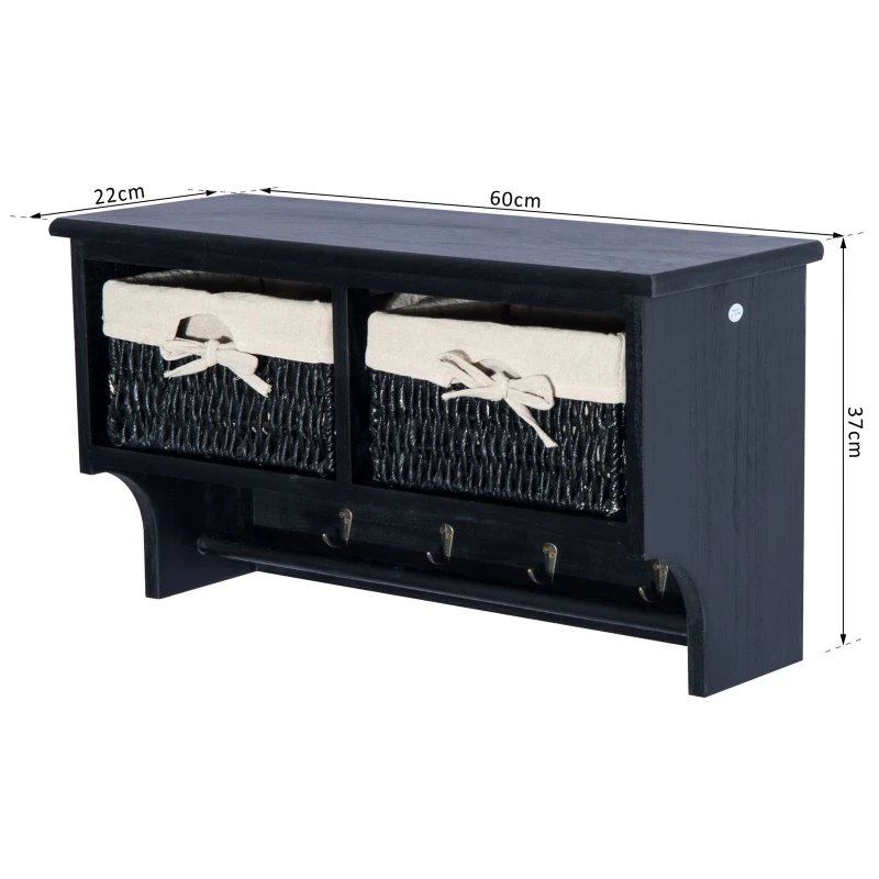 HOMCOM Wall Mounted Cabinet Hallway Storage Unit Shelf w/Wicker Basket Coat Hooks Black