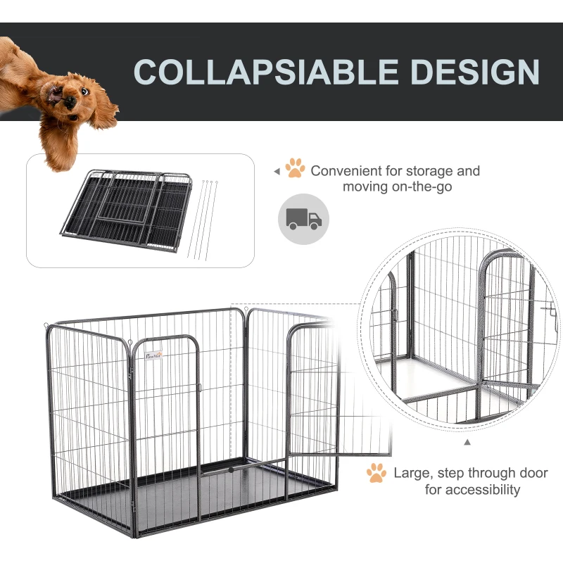 PawHut Metal Dog Crate Kennel Heavy Duty 4 Panel Folding Pet Playpen Tray Indoor Outdoor Use Collapsible Design 125L x 77.5W x 90H cm