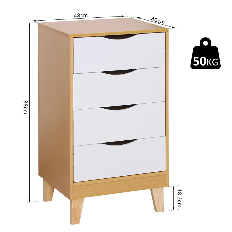 HOMCOM Scandinavian Style Bedside Table W/ 4 Drawers, 48Lx40Dx88H cm-Natural Wood/White Colour