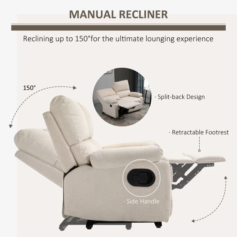 HOMCOM Modern Manual Recliner Sofa Reclining Couch Linen Fabric Overstuffed Upholstered Home Theater with Footrest, 2 Seater