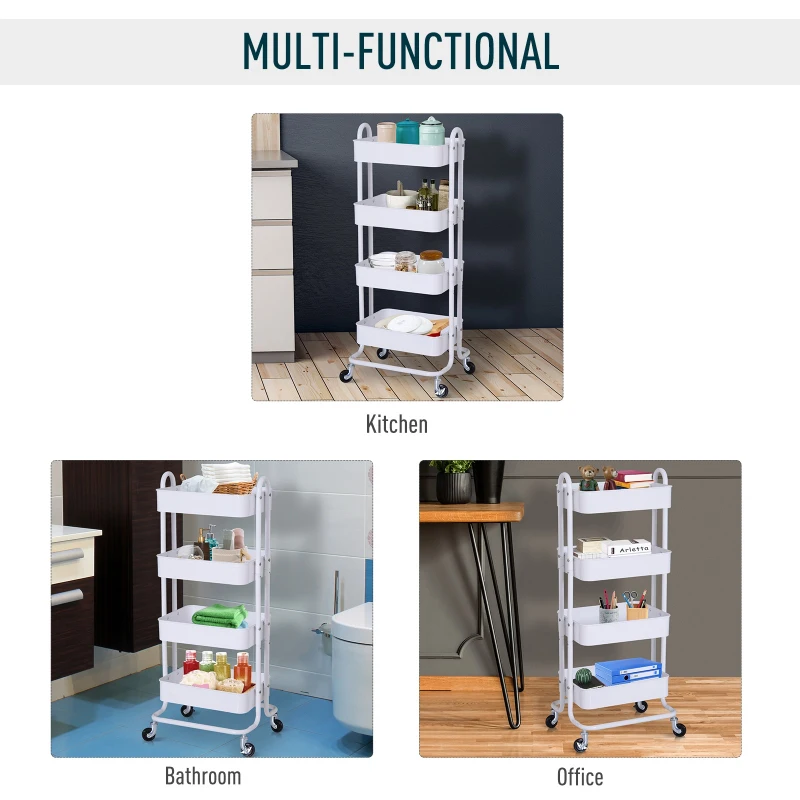 HOMCOM Metal 4-Tier Mobile Storage Serving Trolly Rolling Utility Cart Organiser Kitchen Mesh Bottom White