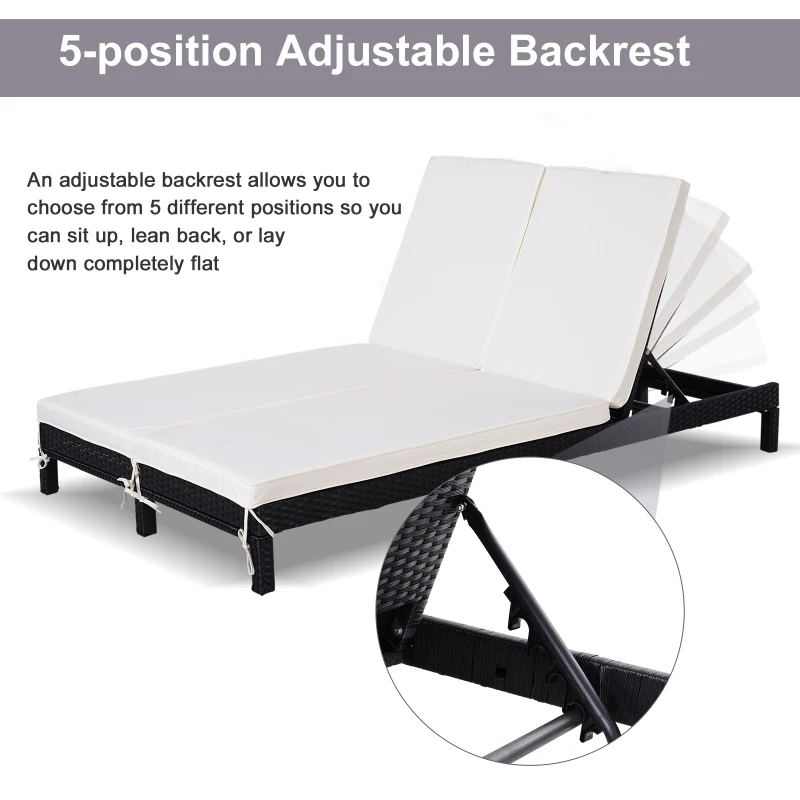Outsunny Double Rattan Sun Lounger, Garden Daybed with 5-Level Adjustable Backrest, Outdoor Lounge Sunbed with Cushion and Pillows, 2 Seater Wicker Patio Furniture, Black