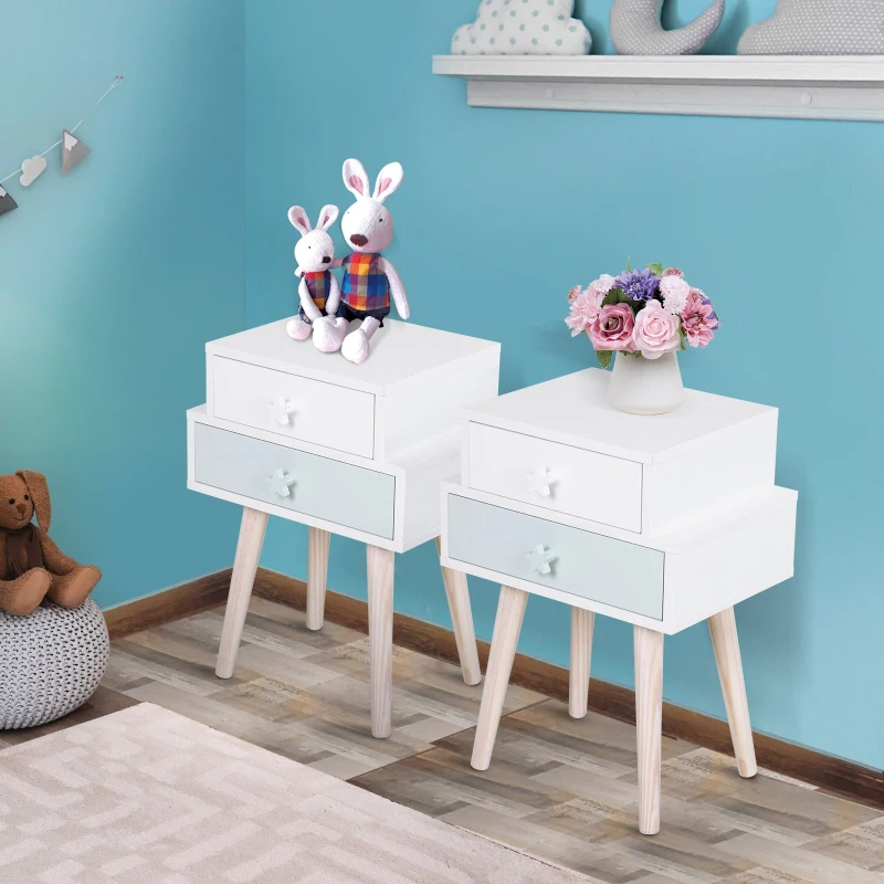 HOMCOM Children Bedside Table Set of 2 w/ Two Drawers Bedroom Kids Storage Cabinet Chest Blue & White 42 x 30 x 57 cm