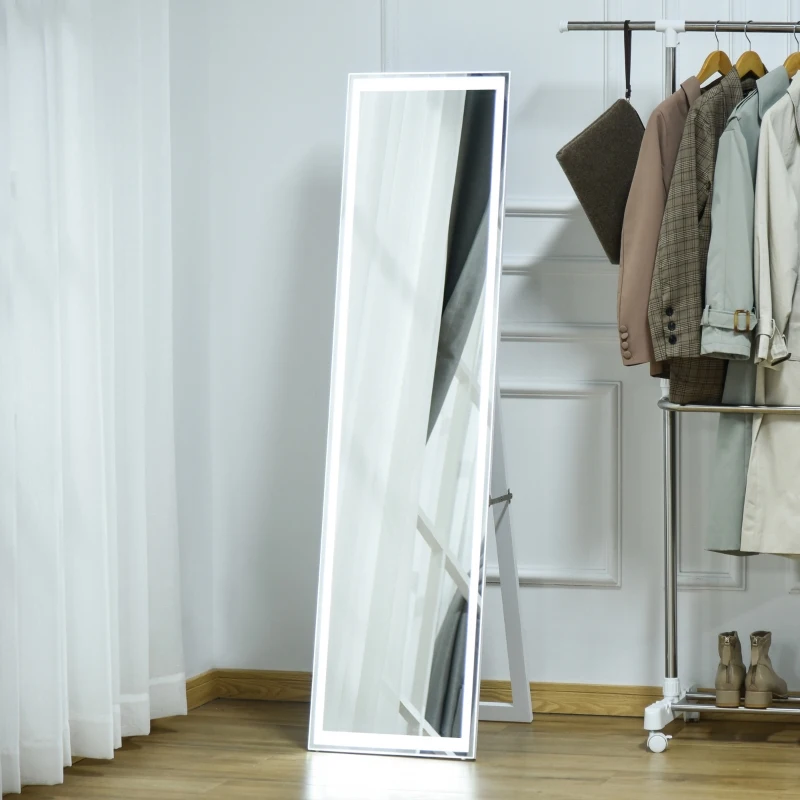 HOMCOM Full-Length Mirror with LED Lights, Free Standing Floor Mirror, Wall Mounted Hanging Mirror, Lighted Vanity Dressing Mirror for Bedroom