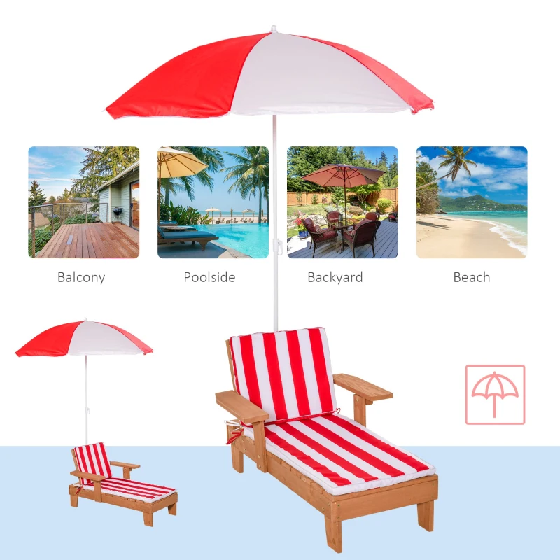 Outsunny Wooden Kids Sun Lounger with Foldable Adjustable Parasol Cushion Outdoor Patio Garden Furniture Red 90 x 59 x 53cm