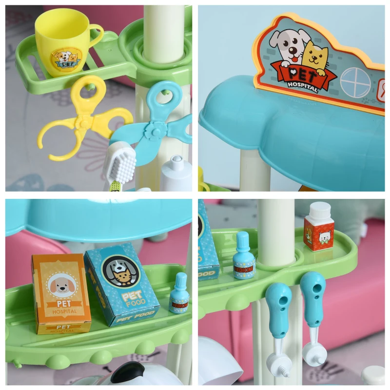 HOMCOM 43 Pcs Kids Children Vet Dentist Hospital Playset w/ Lights Water Tap Plastic Teeth Accessories Medical Toy Centre Pet Doctor Kit