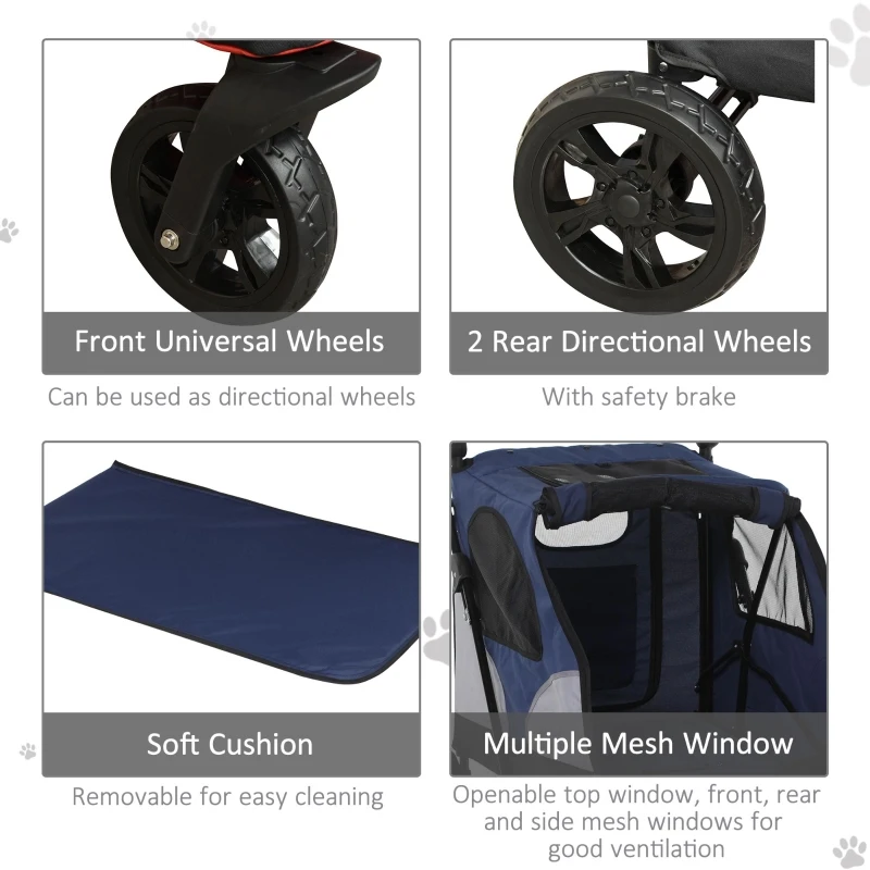PawHut Dog Stroller Foldable Pet Trolley Pushchair Carrier Adjustable Handlebar for Medium Large Dogs Blue