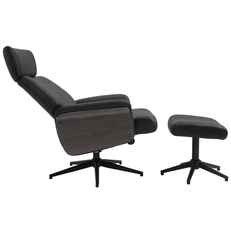 HOMCOM  Fabric Swivel Recliner Chair with footstool Metal Base Wood Armrest Black