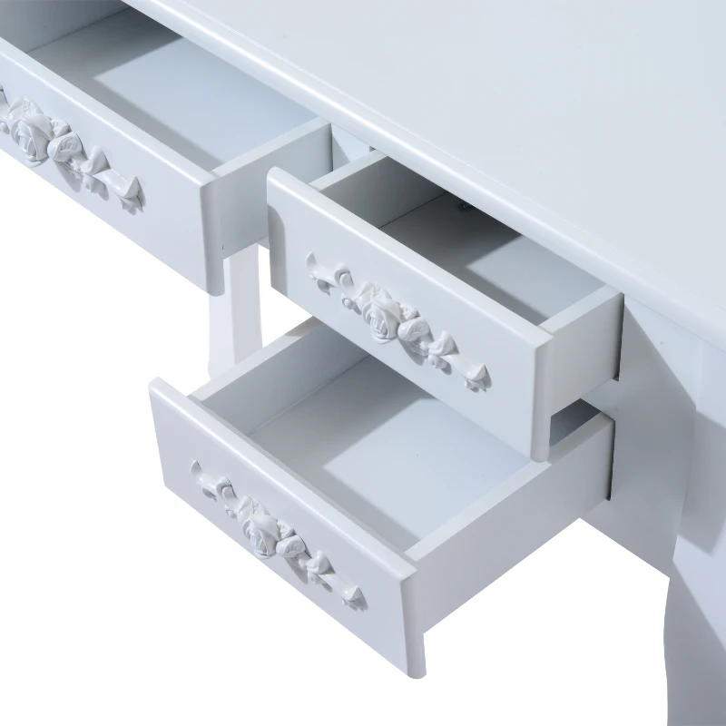 HOMCOM Shabby Chic Dressing Table Jewelry Cosmetic Vanity Set Makeup Dresser 7 Drawers 2 Dividers White w/ 3 Mirrors & Stool