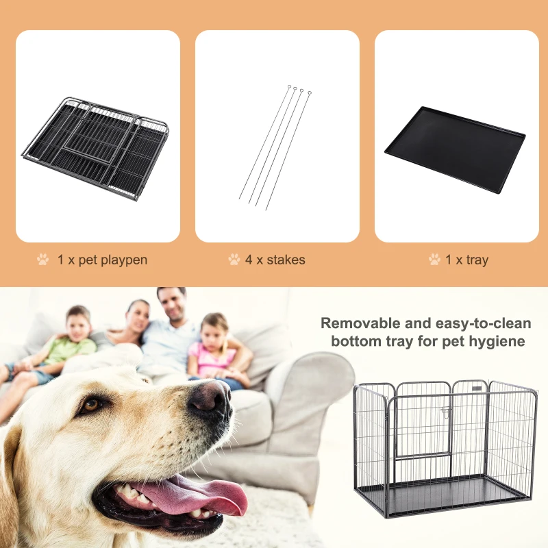 PawHut Metal Dog Crate Kennel Heavy Duty 4 Panel Folding Pet Playpen Tray Indoor Outdoor Use Collapsible Design 125L x 77.5W x 90H cm