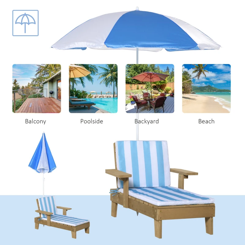Outsunny Wooden Kids Sun Lounger with Foldable Adjustable Parasol Cushion Outdoor Patio Garden Furniture Blue 90 x 59 x 53cm