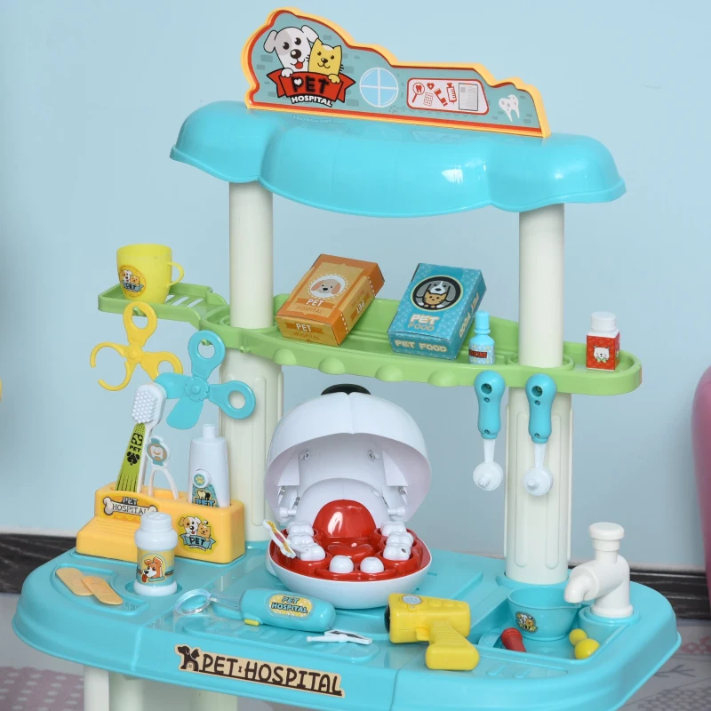 HOMCOM 43 Pcs Kids Children Vet Dentist Hospital Playset w/ Lights Water Tap Plastic Teeth Accessories Medical Toy Centre Pet Doctor Kit