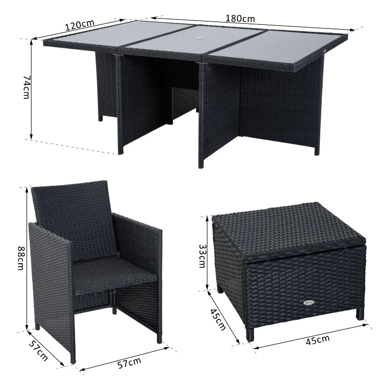 Outsunny Outdoor 11pc Rattan Garden Furniture Patio Dining Set 10-seater Cube Sofa Weave Wicker 6 Chairs 4 Footrests & 1 Table - Black