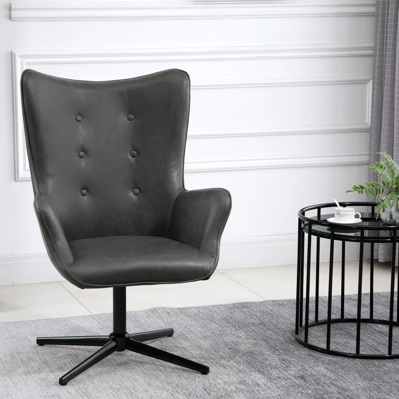HOMCOM Retro Upholstered Swivel Accent Chair Executive Tufted w/ Metal Base Padding High Back Arms Home Office Comfort Style Seating 74L x 71W x 106H - Black