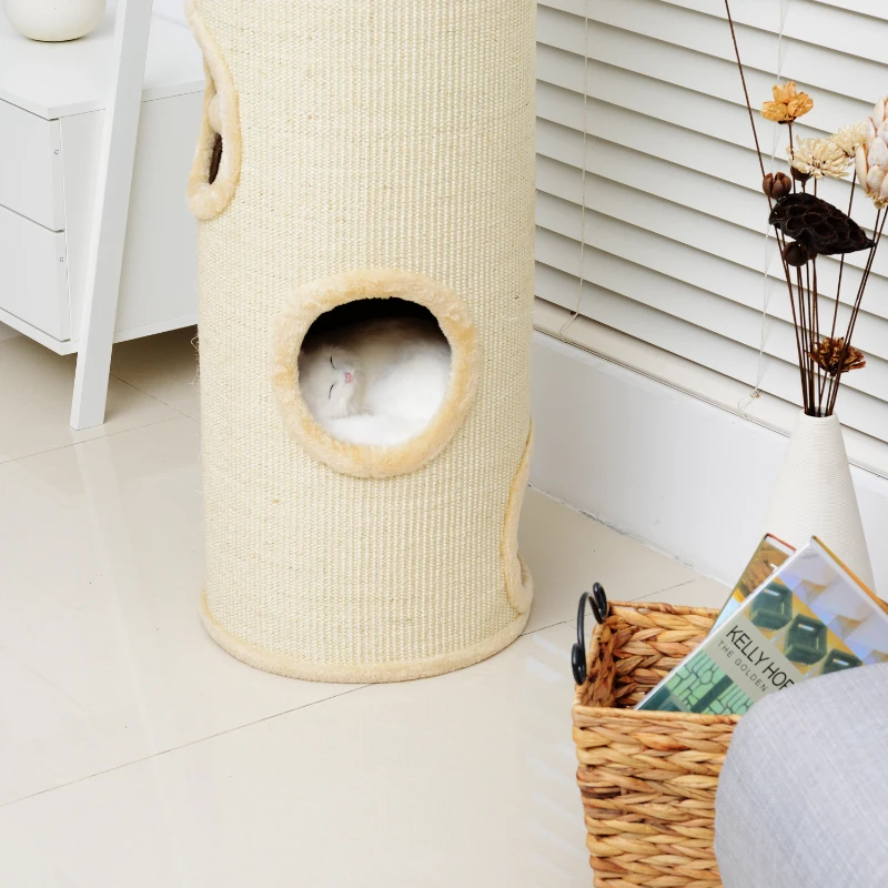 PawHut 97cm Height Cat Tree Scratching Barrel Activity Center Condo Kitten Bed Scratcher Climbing Climber Play House w/ 4 Holes & Hanging Toy
