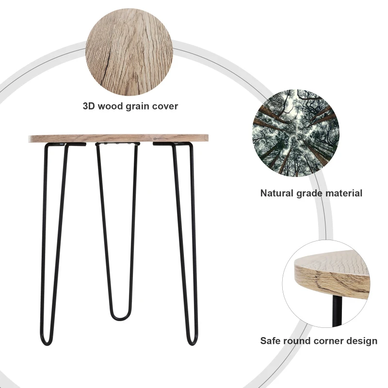 HOMCOM Metal Side Table w/ Round Tabletop Smooth Surface Retro Unique Design Coffee Home Bedroom Furniture Tripod Base Easy Clean Stylish Oak Tone